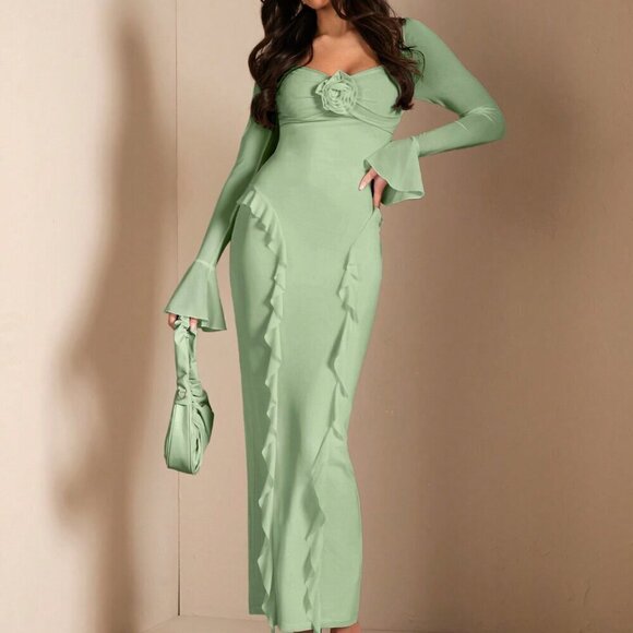 Green Elegant Women's Long Sleeve Floral 3d Decorative Ruffled Dress